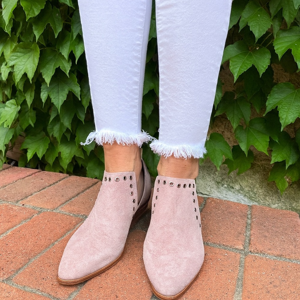REBECCA MINKOFF Mauve Studded Suede Block Heel Slip-on Suede Booties, 7